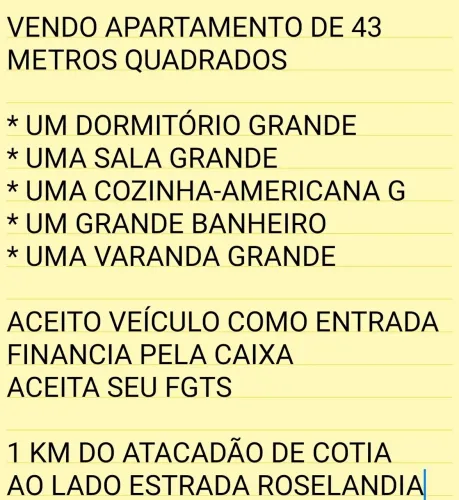 VENDO APARTAMENTO 1 DORMITÓRIO GRANDE PROX. 1 KM DO CENTRO DE COTIA