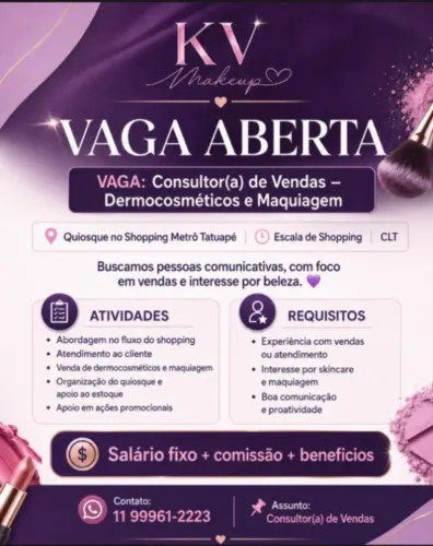Vaga Vendedora/ Vendedor - Quiosque de maquiagem 