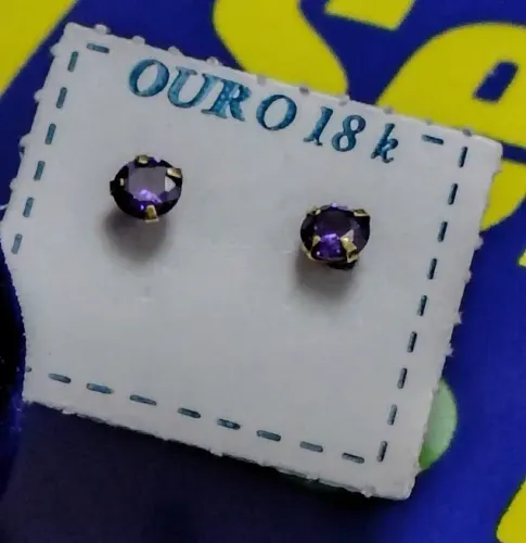 Par Brinco Segundo Furo Infantil Ouro 18 Kilates Pedras Zircônia 3 mm Cores Roxo, Azul..