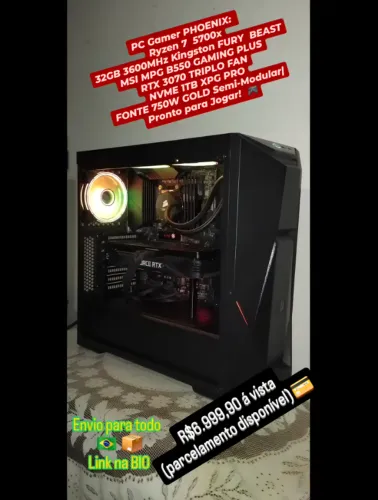 PC Gamer PHOENIX: Ryzen 7 5700x + 32GB 3600 MHz + RTX 3070 + NVME 1TB + FONTE 750 GOLD :D