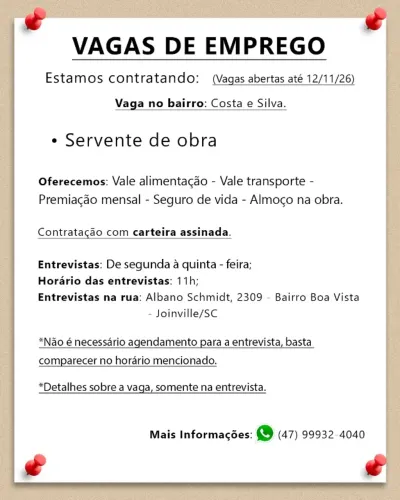 Servente de pedreiro, (Joinville/SC) com experiência