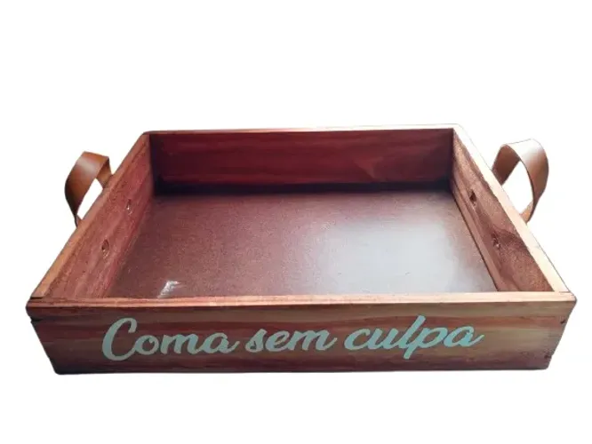 Bandeja de Madeira com Alça - Decorativa ?Coma sem Culpa? - Ótimo Estado