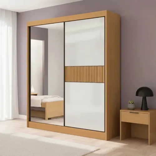 Roupeiro Ripado Cinamomo/Off 2 Portas C/ 1 Espelho 100% MDF Larg. 1.85m rf87