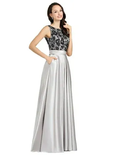 Vestido prata e preto, com renda.