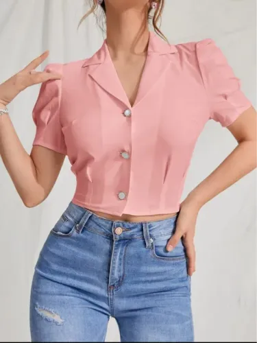 Blusa Rosa de Botões com Manga Bufante