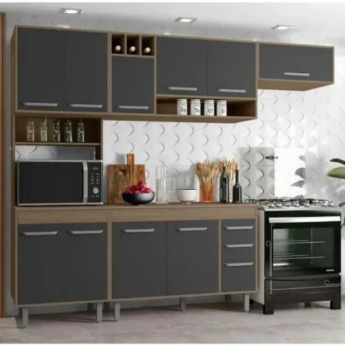 Lindo Armário De Cozinha Barcelona Modulada Cor Carvalho Grafite - Entrega Rápida
