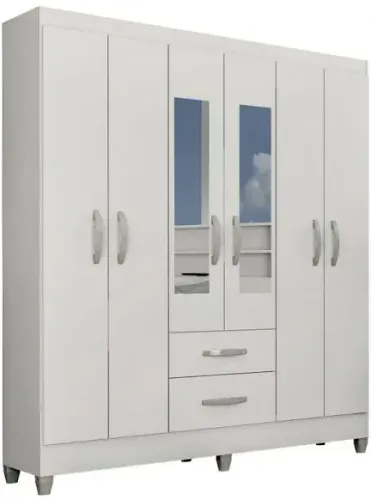 Guarda Roupa Casal 6 Portas Branco Com Espelho