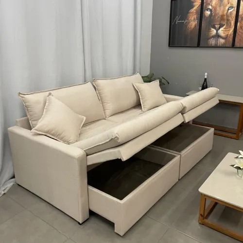 Sofá Ravena Retrátil com Baú e Almofadas Soltas 3 Lugares Tecido Linho 220cm