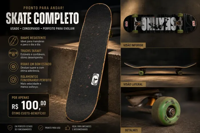 Skate Completo Traxart Adulto - Pronto para Andar - R$ 100