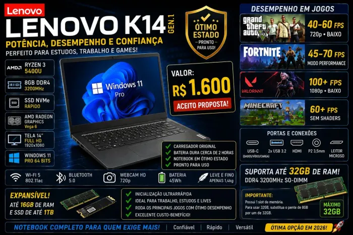 NOTEBOOK LENOVO K14<br>TROCO POR IPHONE 13 PRA CIMA