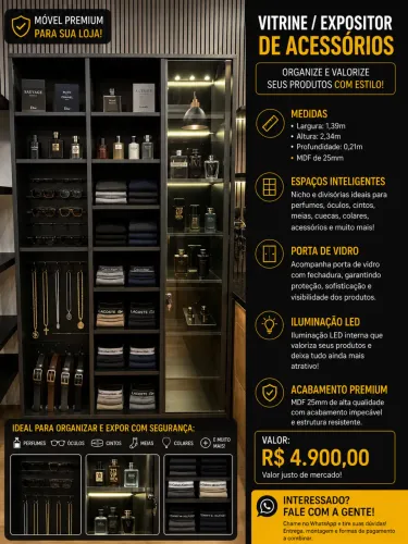 Vitrine / Expositor de Acessórios MDF 25mm com Porta de Vidro e LED