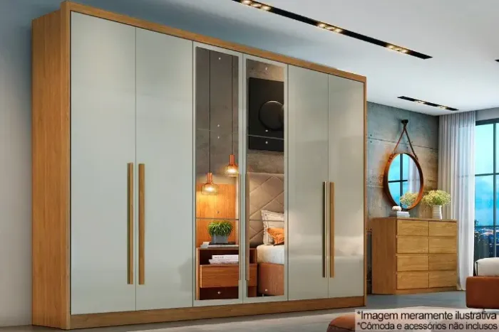 Guarda Roupa 100_ MDF Com Espelho 6 Portas 8 Gavetas Robust