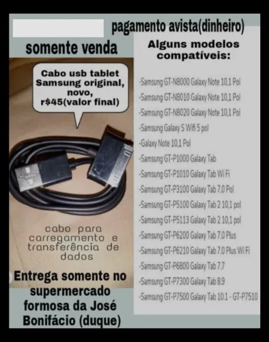 Cabo Samsung para tablet Samsung novo r$45(valor final)