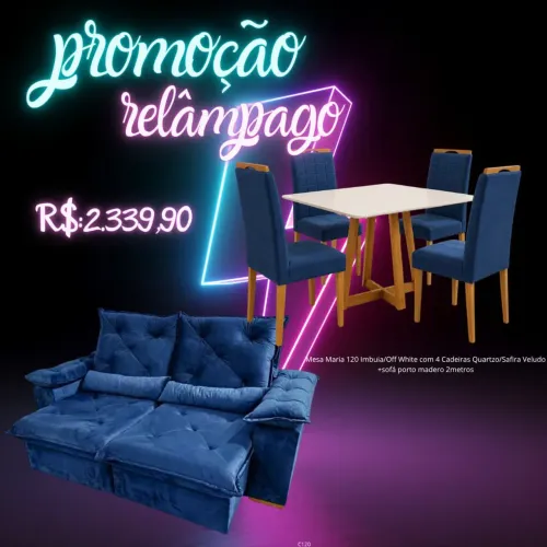 Combo mesa de jantar 1.20m com 4 cadeiras + sofá retrátil reclinável 2m Veludo 