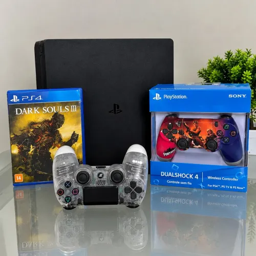 PS4 Slim + 2 controles + jogo