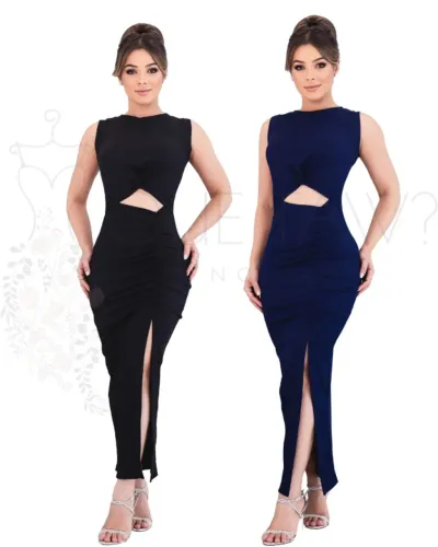 VESTIDO DE FESTA ELEGANTE PRETO & AZUL CANELADO COM RECORTE FRONTAL FENDA TUBINHO LONGUETE