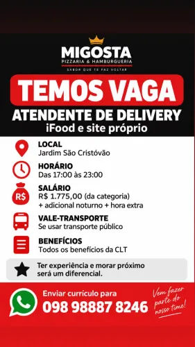 VAGA DE EMPREGO PRA ATENDENTE DELIVERY