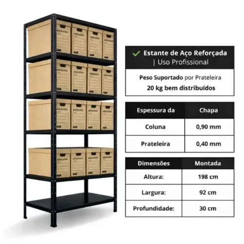 Estante de aço Preta 06 Prateleiras 198x92x30 cm Nova - Steelon Móveis