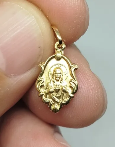 Pingente Ouro 18k Sagrado Coração Jesus e Nsa Sra