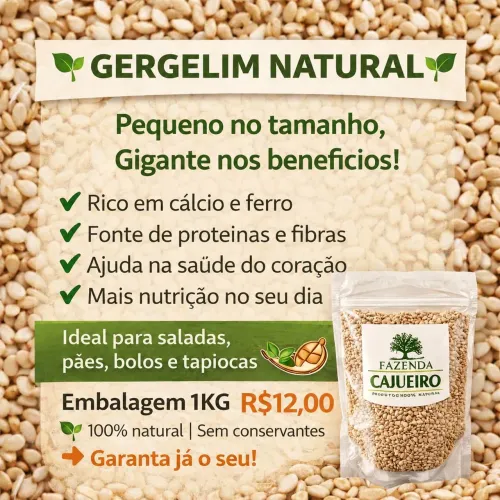 Gergelim natural, sem agrotóxicos de altíssima qualidade 