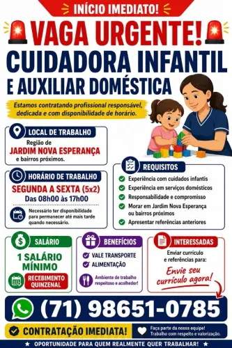 VAGA PARA CUIDADORA INFANTIL E AUXILIAR DOMÉSTICA 