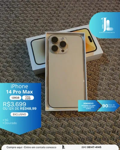 IPHONE 14 PRO MAX, 5G, 128GB, CHIP ESIM, DOURADO, SEMINOVO , EXCLUSIVO!