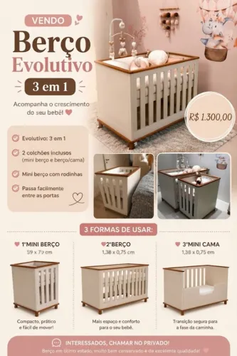 Vendo Berço 3 em 1 (Mini berço, berço e mini cama)