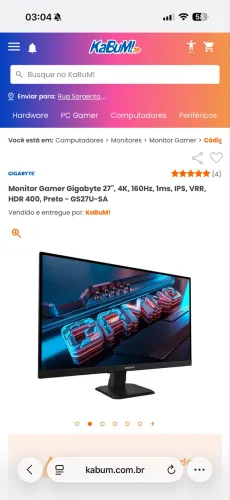 Monitor Gamer Gigabyte 27", 4K, 160Hz, 1ms, IPS, VRR, HDR 400, Preto - GS27U-SA