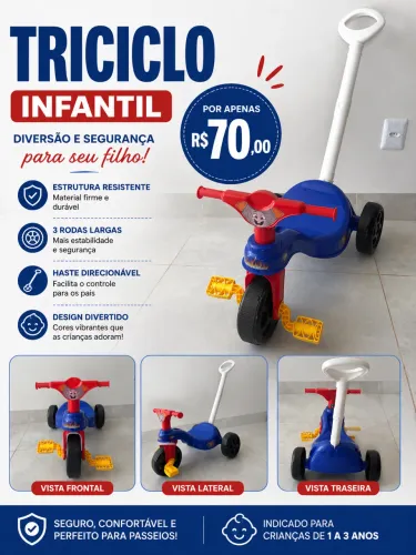 Triciclo Infantil com Haste para Empurrar - Novo na Caixa - R$ 70