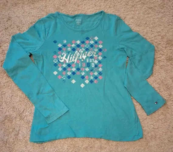 camiseta manga longa tommy hilfiger azul 12-14 anos