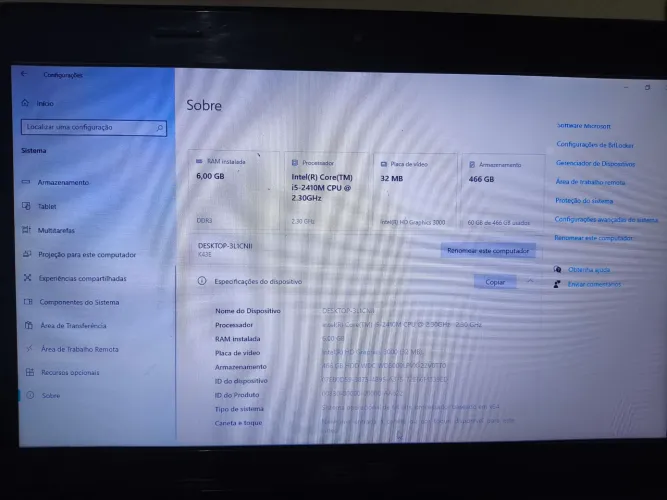 Vendo notebook  windows 10 Pro, RAM 6,00GB 