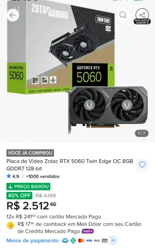 Placa de vídeo RTX 5060 8gb