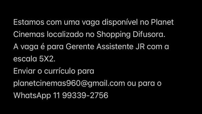 Vaga- Gerente Assistente JR Planet Cinemas Caruaru 