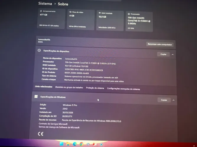 Notebook Lenovo i5 11300H 16gb ram gtx 1650