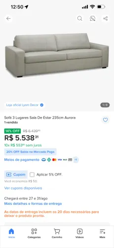Sofá 3 Lugares Sala De Estar Aurora