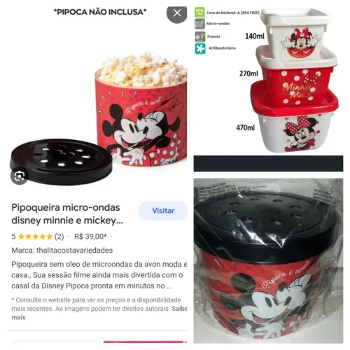 Kit Mickey c 1 Pipoqueira p Micro-Ondas q frita sem óleo +3 potes c tamapa plasutil