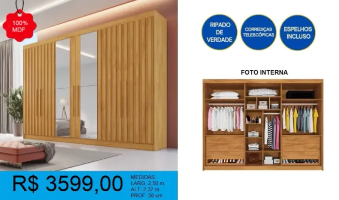 ROUPEIRO 6 PORTAS RIPADO - ENTREGA E MONTAGEM GRATUITA!!! 