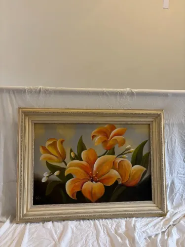 quadro de madeira vintage flores amarelas