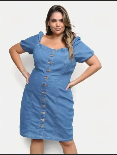 Vestido jeans de botões frontais com manga bufante tm 44