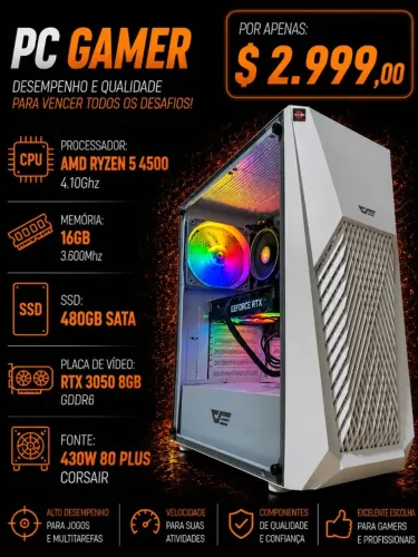 CPU Gamer Ryzen 5 4500 4.1Ghz / Mem 16Gb / SSD 480Gb / RTX 3050 8Gb (aceito cartão)