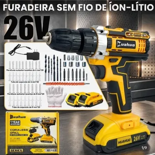 Furadeira Multifuncional Recarregável com Bateria de Lítio 26V/12V.