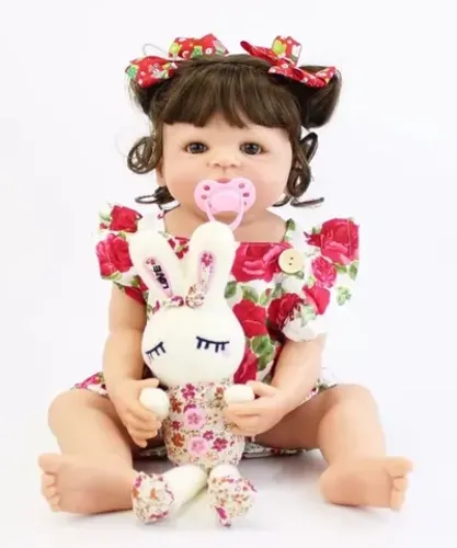 Boneca Bebê Reborn Menina INTEIRA EM SILICONE, com Coelho 