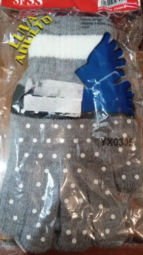 luva adulto cinza e preta com bolinhas brancas de efeito antiderrapante (para celular)