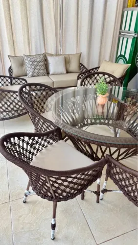Mesa de jantar + 5 poltronas em tricô + Jogo de sofa 3 peças almofadas em linho nautico