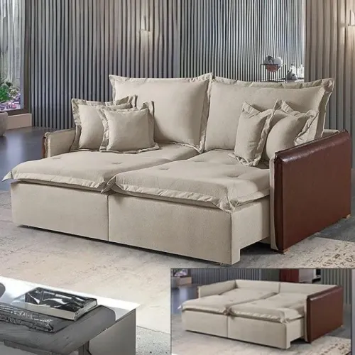 Sofá Cama Retrátil Zara 2,20m Linho Bege tt43
