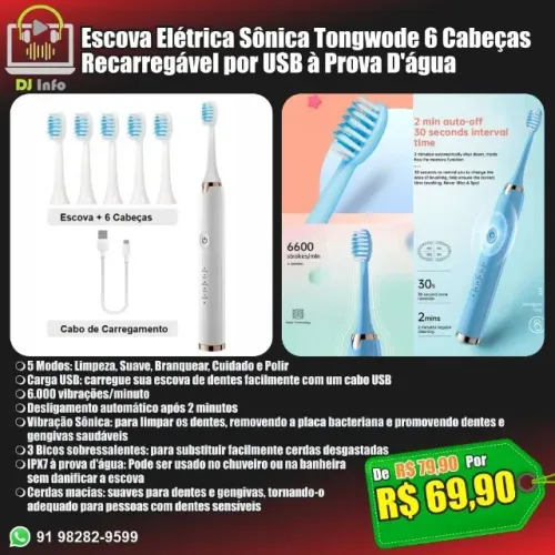 Escova Elétrica Sônica Tongwode Recarregável 6 Cabeças USB à Prova D'água