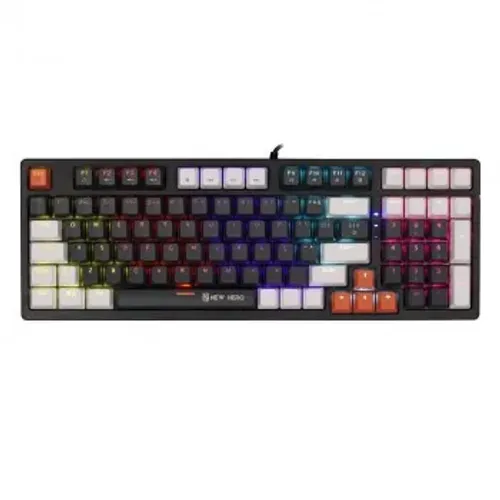 Teclado Mecânico Gamer New Hero Arkana, Rainbow, Switch Blue, ABNT, USB, Preto e Cinza
