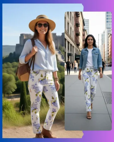 Calça de Sarja da marca Malwee feminina com estampa floral tipo aquarela