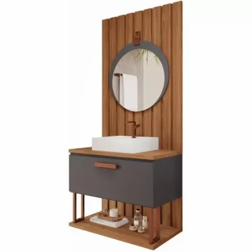 Gabinete para Banheiro Duna + Painel Ripado + Espelheira Lua - MGM Moveis