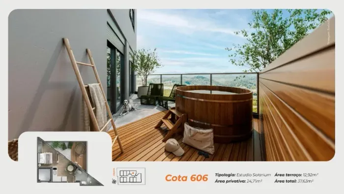 Estúdio Solarium de 37,63m² com hidromassagem privativa e vaga de garagem